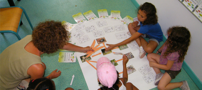 Des enfants accompagnés d'un animateur utilisent un outil pédagogique sur la chaine alimentaire