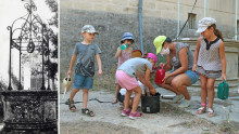 Une photo ancienne en noir et blanc du puits à côté d'une autre plus récente avec 5 enfant et une animatrice qui remplissent des arrosoirs avec l'eau tirée du puits