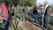 Un groupe d'adultes apprend à ratisser au potager