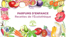 Couverture du livre de recettes avec des illustrations de fruits et légumes entourant le titre