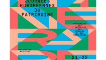 Visuel officiel des Journées Européennes du Patrimoine, 21 et 22/09/2024, thème du patrimoine des itinéraires, des réseaux et des connexions, et thème du patrimoine maritime. Design de fond représentant des lettres stylisées en bleu, vert, orange et rose 