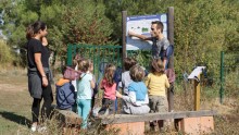 des enfants écoutent un enseignant leur expliquer l'écosystème de la mare