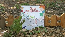 Livre "Sous mes pieds" posé sur des feuilles mortes contre une petite barrière en bois