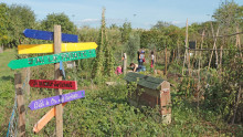 Au premier plan, un panneau avec des expressions autour des légumes et au deuxième plan, des enfants avec une animatrice qui jardinent