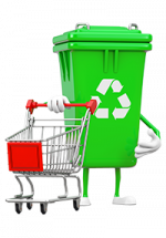 Illustration d'une poubelle verte avec le logo du recyclage qui pousse un chariot de supermarché