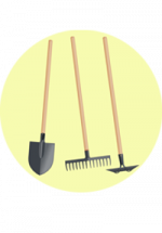 Illustrations d'outils de jardinage : pelle, râteau, Binette Nanterre