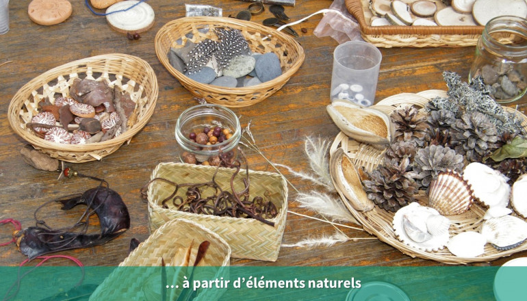 Gros plan sur une table sur laquelle différents éléments naturels sont disposés : coquillages, galets, plumes, pommes de pin...