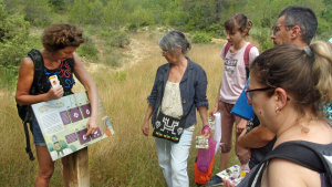 Devant un panneau d'identification des traces d'animaux, un groupe d'adultes observe les différents indices laissés par la faune. 