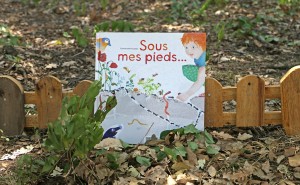 Livre "Sous mes pieds" posé sur des feuilles mortes contre une petite barrière en bois