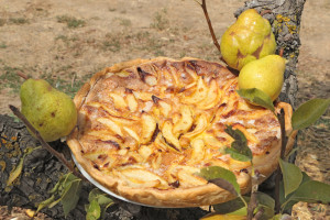 Une tarte aux poires et au chocolat est installée dans un poirier avec des poires autour