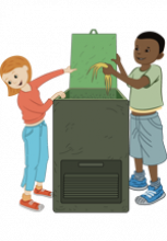 Illustration d'un composteur avec deux enfants dont un qui y dépose de la matière organique